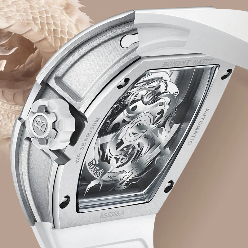 BONEST GATTI BG5003 men’s skeleton automatic watch silver case with white strap