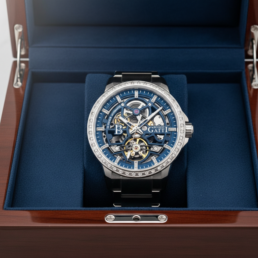 BONEST GATTI BG5004 automatic mechanical watch with blue skeleton dial displayed in luxury presentation box