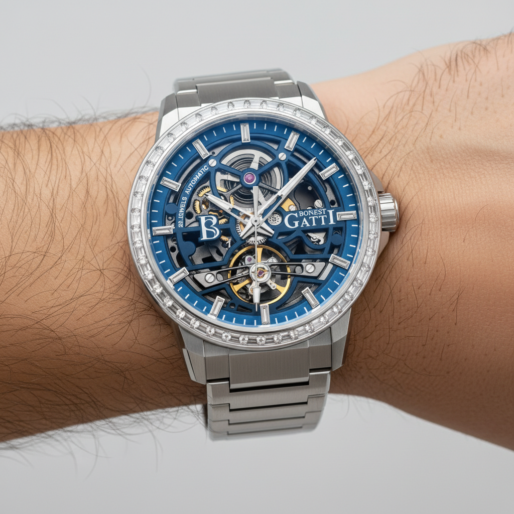 BONEST GATTI BG5004 automatic mechanical watch side profile highlighting stainless steel case thickness and diamond bezel