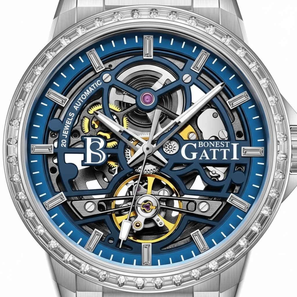 BONEST GATTI BG5004 automatic mechanical watch with blue skeleton dial and diamond bezel, showcasing exposed movement details
