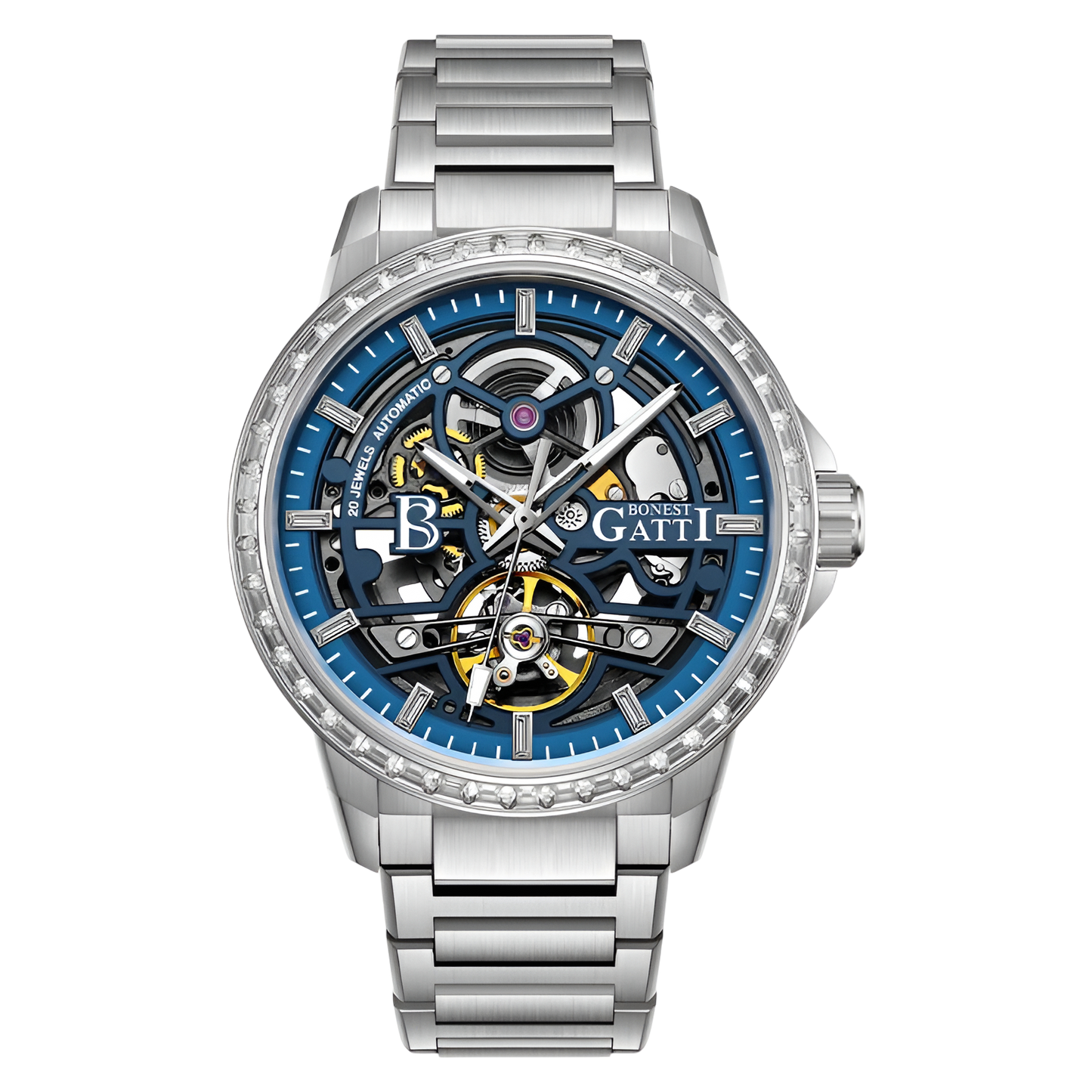 BONEST GATTI BG5004 automatic mechanical watch with blue skeleton dial and diamond bezel photographed on studio background
