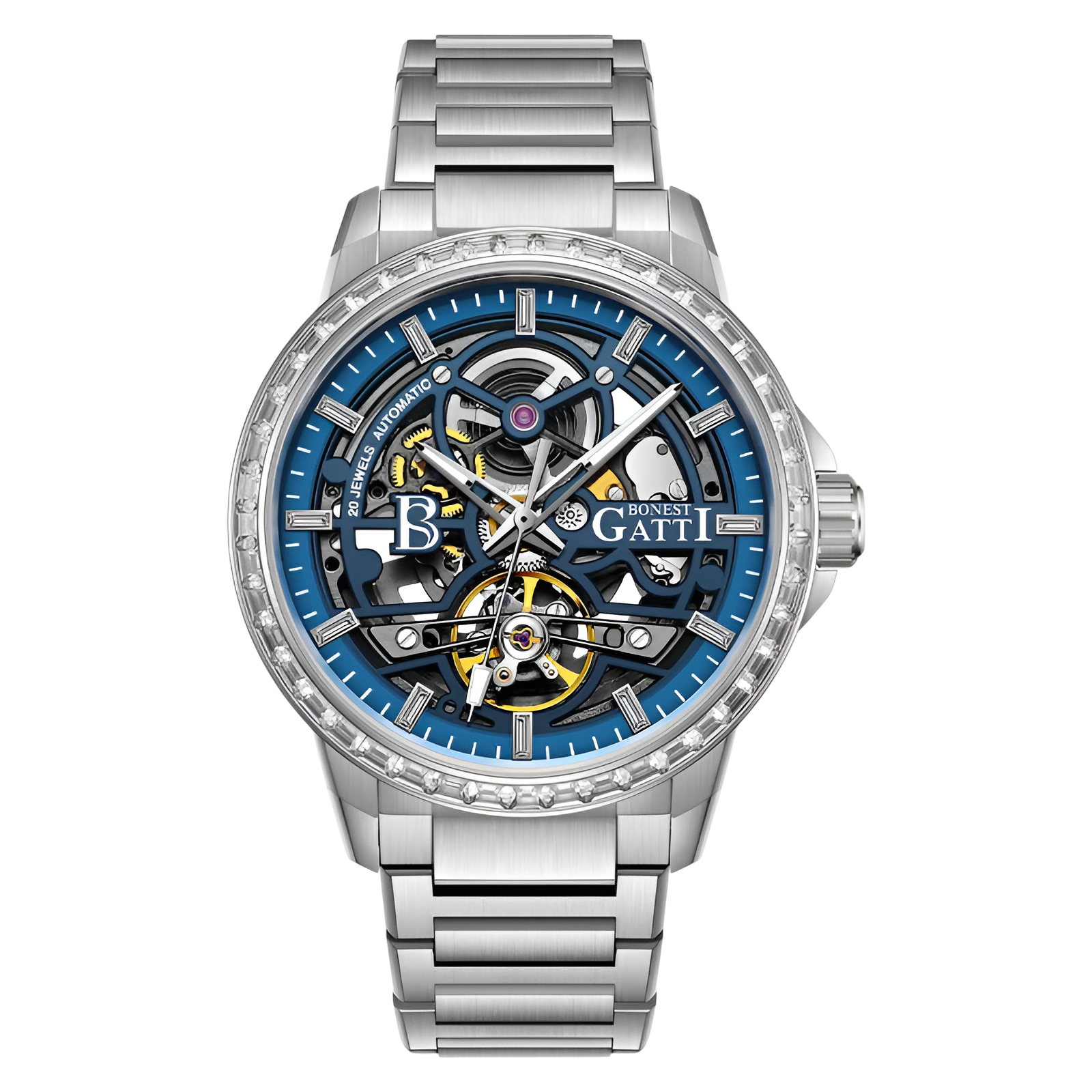 BONEST GATTI BG5004 automatic mechanical watch with blue skeleton dial and diamond bezel photographed on studio background
