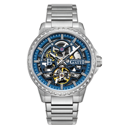 BONEST GATTI BG5004 automatic mechanical watch with blue skeleton dial and diamond bezel photographed on studio background