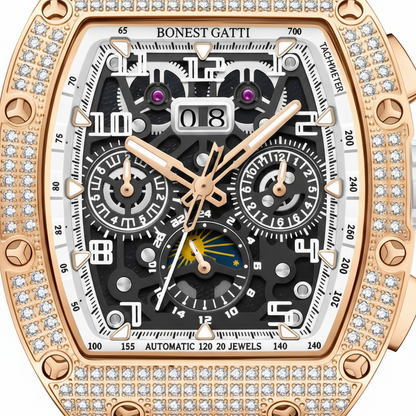BONEST GATTI BG5004 automatic mechanical watch dial macro showing skeleton movement and diamond bezel