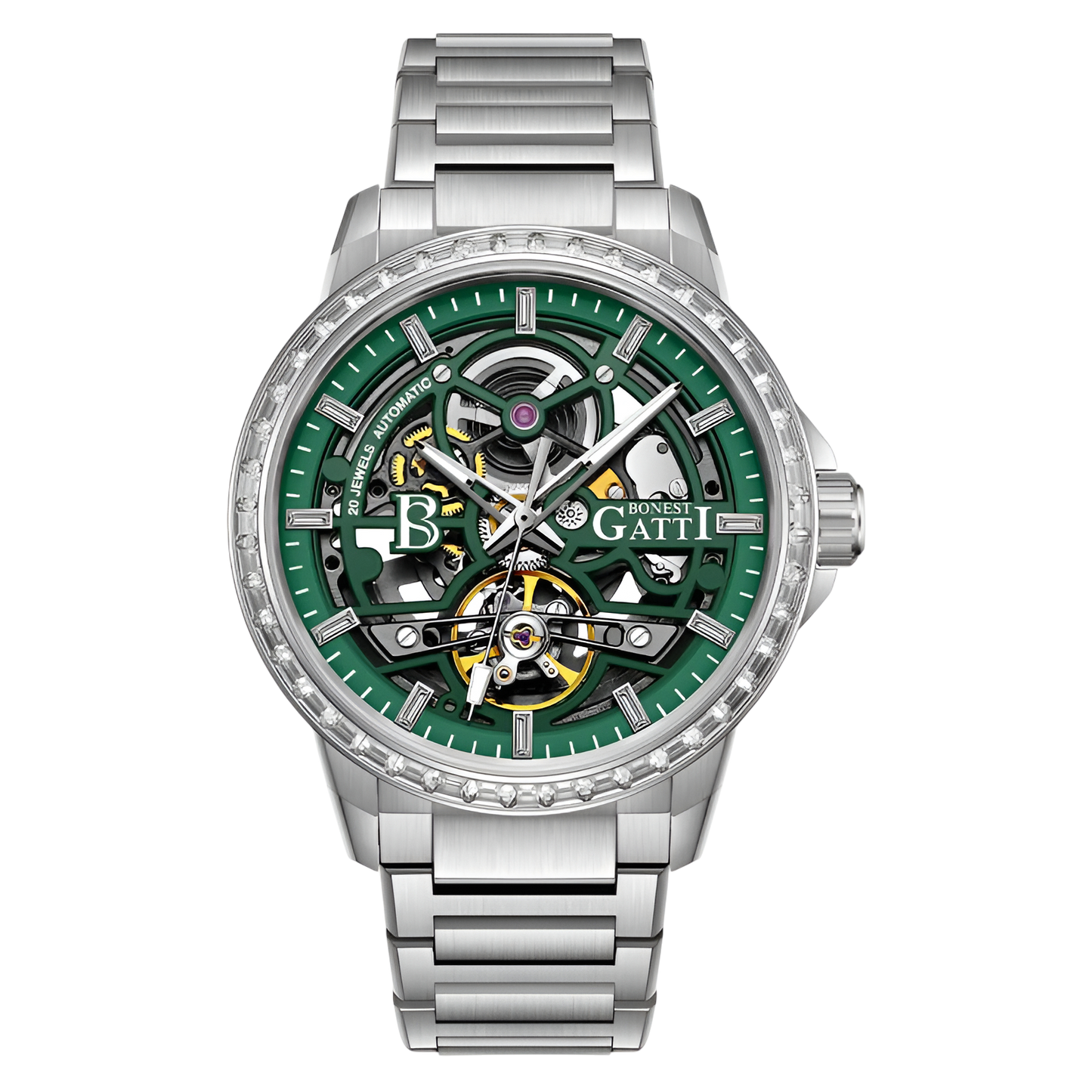 BONEST GATTI BG5004 automatic mechanical watch with green skeleton dial, diamond bezel, and stainless steel bracelet