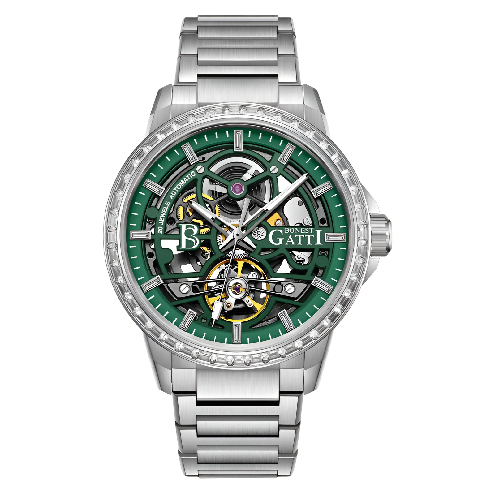 BONEST GATTI BG5004 automatic mechanical watch with green skeleton dial, diamond bezel, and stainless steel bracelet