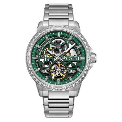 BONEST GATTI BG5004 automatic mechanical watch with green skeleton dial, diamond bezel, and stainless steel bracelet