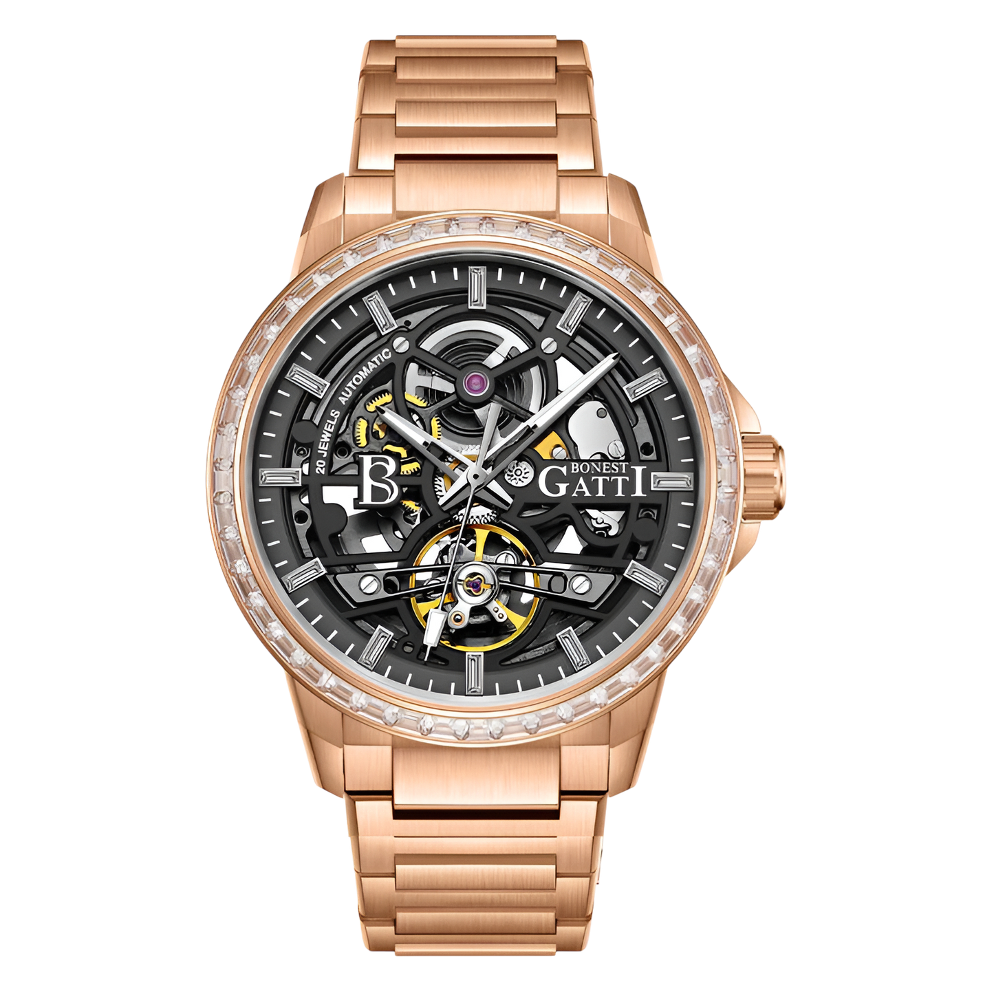 BONEST GATTI BG5004 automatic mechanical watch with black skeleton dial, diamond bezel, and rose gold stainless steel bracelet
