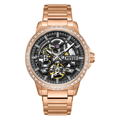 BONEST GATTI BG5004 automatic mechanical watch with black skeleton dial, diamond bezel, and rose gold stainless steel bracelet