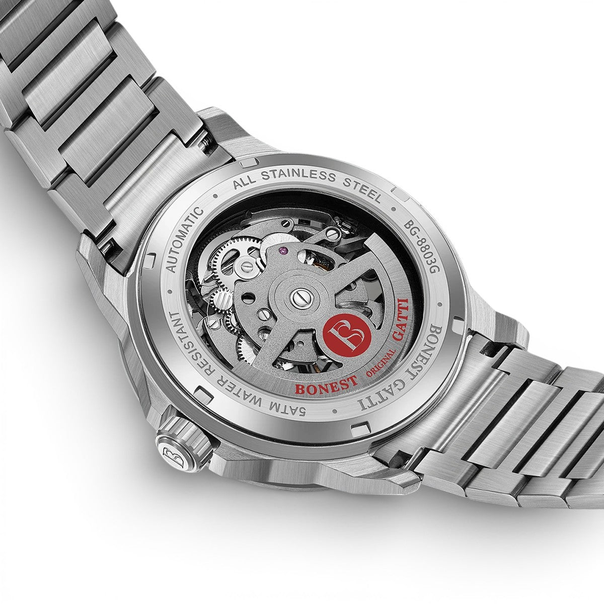 BONEST GATTI BG5004 automatic mechanical watch sapphire caseback revealing stainless steel movement and rotor
