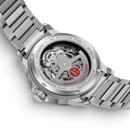 BONEST GATTI BG5004 automatic mechanical watch sapphire caseback revealing stainless steel movement and rotor