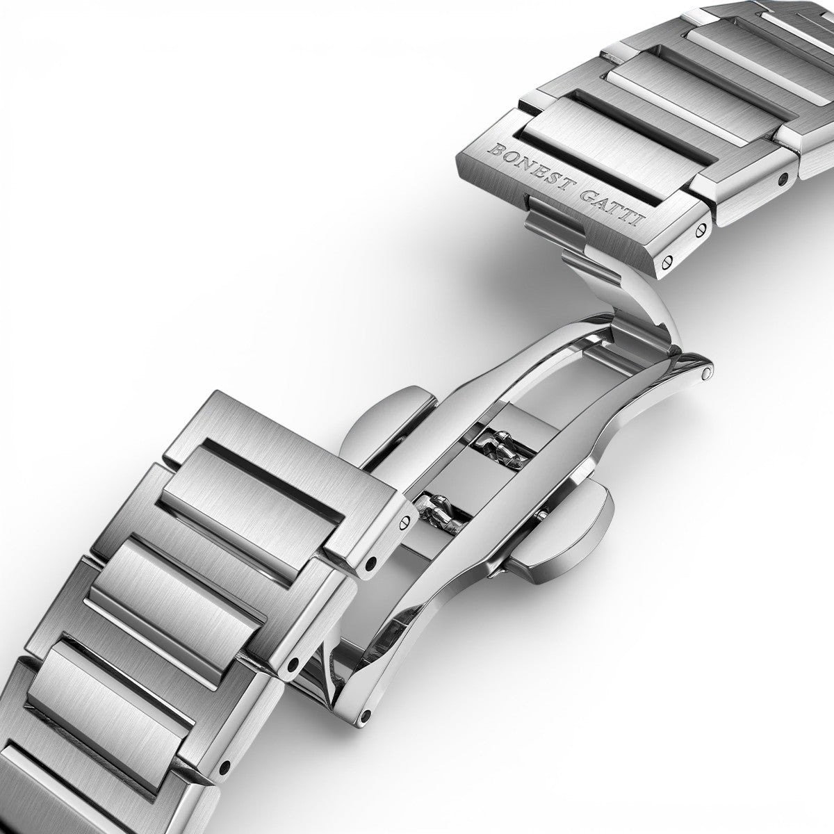 BONEST GATTI BG5004 stainless steel bracelet with folding clasp showing engraved brand finishing