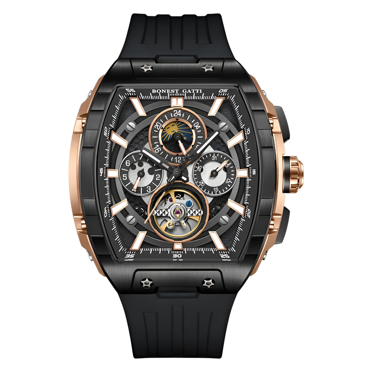 BONEST GATTI BG5005 automatic skeleton watch with black strap and rose gold case