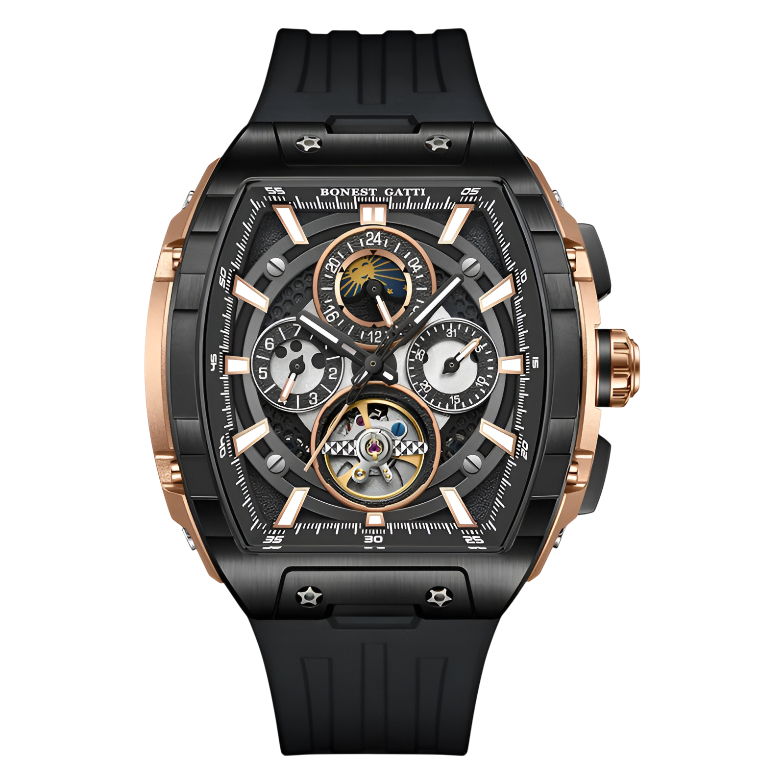 BONEST GATTI BG5005 automatic skeleton watch with black strap and rose gold case