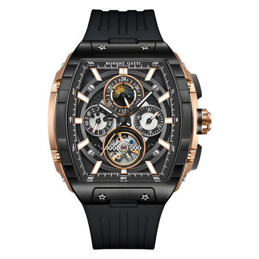 BONEST GATTI BG5005 automatic skeleton watch with black strap and rose gold case