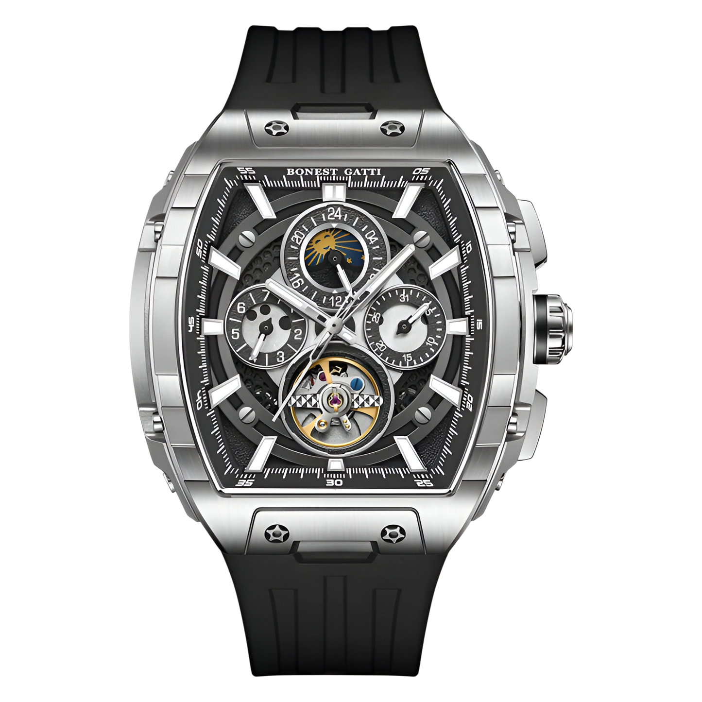 BONEST GATTI BG5005 automatic mechanical watch silver case open-heart dial