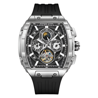 BONEST GATTI BG5005 automatic mechanical watch silver case open-heart dial
