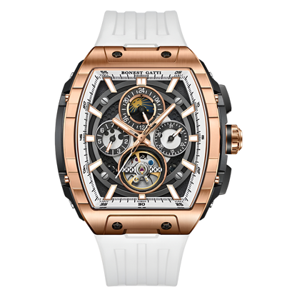 BONEST GATTI BG5005 automatic skeleton watch white strap rose gold tonneau case