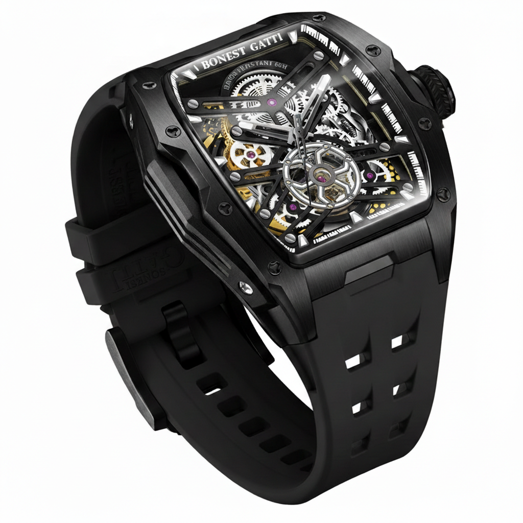 BONEST GATTI BG5502 skeleton mechanical watch for men angled view highlighting black tonneau case and three dimensional skeleton dial