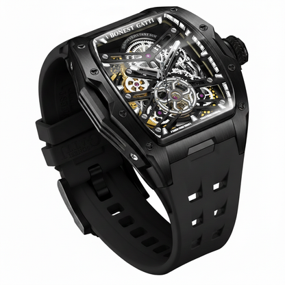 BONEST GATTI BG5502 skeleton mechanical watch for men angled view highlighting black tonneau case and three dimensional skeleton dial