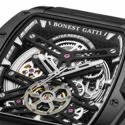 BONEST GATTI BG5502 skeleton mechanical watch for men featuring a black tonneau case and detailed openwork dial with visible gears
