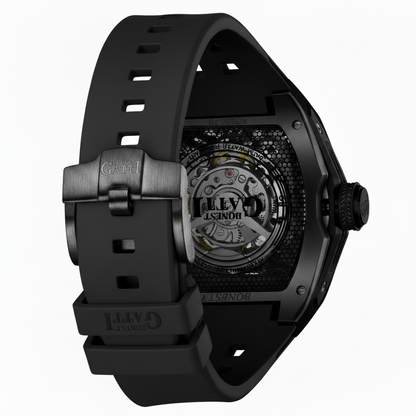 BONEST GATTI BG5502 skeleton mechanical watch for men showing transparent case back and black rubber strap with branded clasp