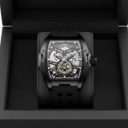 BONEST GATTI BG5502 skeleton mechanical watch for men displayed in its presentation box highlighting black case and openwork dial