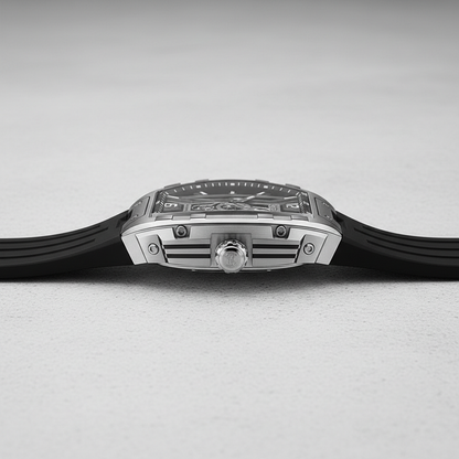 BONEST GATTI BG5601 automatic skeleton watch showing side profile with sculpted stainless steel case, crown detail, and sapphire crystal thickness.