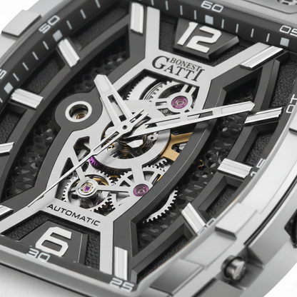 BONEST GATTI BG5601 automatic skeleton watch close up showing openworked dial, visible gears, ruby bearings, and sapphire crystal clarity.