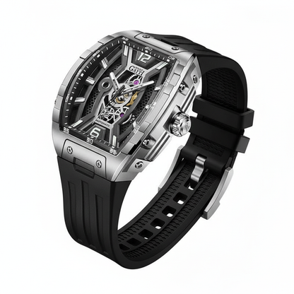 BONEST GATTI BG5601 automatic skeleton watch in three quarter angle showing stainless steel case geometry, sapphire crystal, and textured rubber strap.