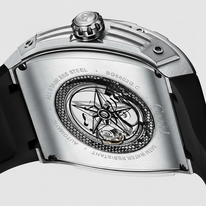 BONEST GATTI BG5601 automatic skeleton watch caseback displaying mechanical movement through transparent sapphire back and stainless steel housing.