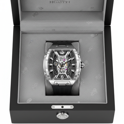 BONEST GATTI BG5601 automatic skeleton watch presented in luxury box, emphasizing stainless steel case, sapphire crystal, and premium packaging.