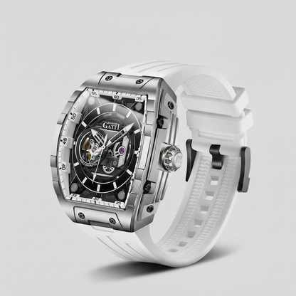 BONEST GATTI BG5602 men’s mechanical watch with skeleton dial, automatic movement, stainless steel case and white rubber strap, luxury front angled view