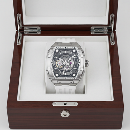 BONEST GATTI BG5602 luxury men’s automatic mechanical watch presented in premium wooden box, skeleton dial and white strap