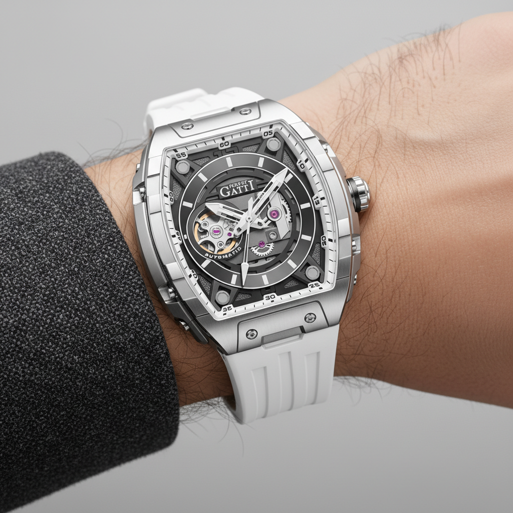 BONEST GATTI BG5602 men’s luxury mechanical watch worn on wrist, automatic skeleton dial with stainless steel case and white strap