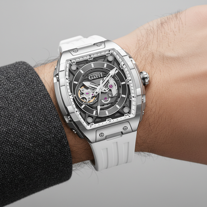 BONEST GATTI BG5602 men’s luxury mechanical watch worn on wrist, automatic skeleton dial with stainless steel case and white strap