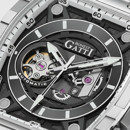 BONEST GATTI BG5602 skeleton dial macro showing automatic mechanical movement, exposed gears, luminous hands and sapphire crystal