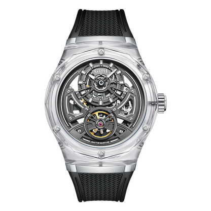 BONEST GATTI BG5807 transparent automatic skeleton watch front view with clear crystal case and black strap