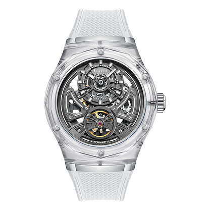 BONEST GATTI BG5807 transparent automatic skeleton watch front view with clear case and white strap