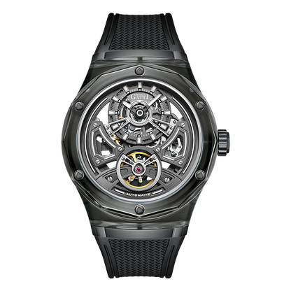 BONEST GATTI BG5807 transparent automatic skeleton watch front view with dark crystal case and black strap