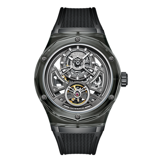 BONEST GATTI BG5807 transparent automatic skeleton watch front view with dark crystal case and black strap