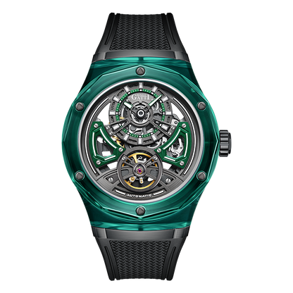 BONEST GATTI BG5807 transparent automatic skeleton watch front view with green crystal case