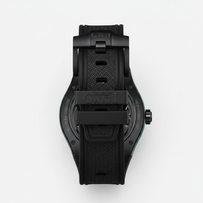 BONEST GATTI BG5807 transparent skeleton watch rear view showing textured strap and branded buckle