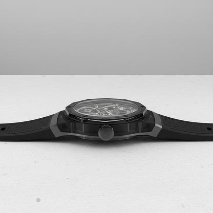 BONEST GATTI BG5807 transparent automatic skeleton watch side profile showing crystal case thickness and crown design