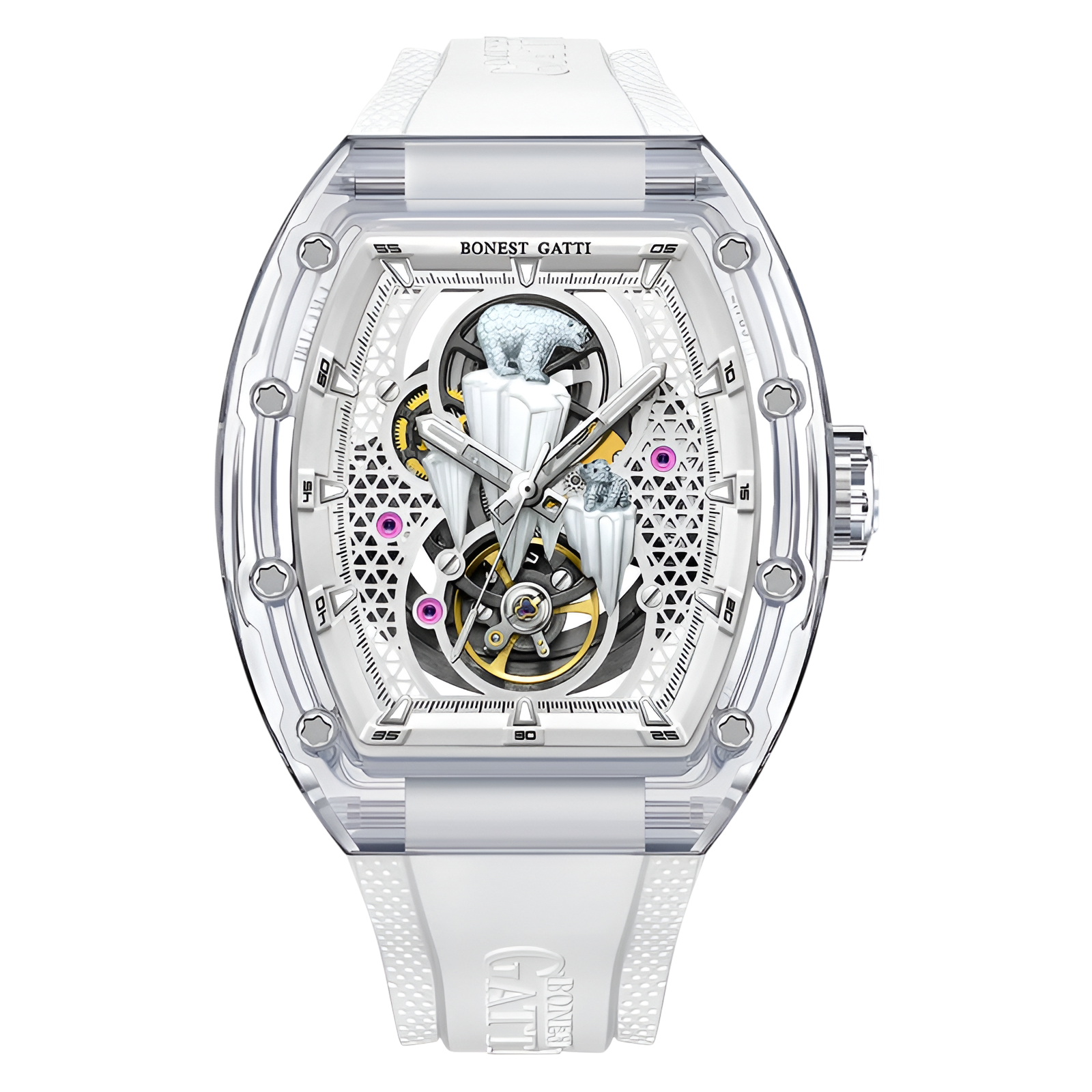 BONEST GATTI BG6002B mechanical skeleton watch sapphire crystal macro shot