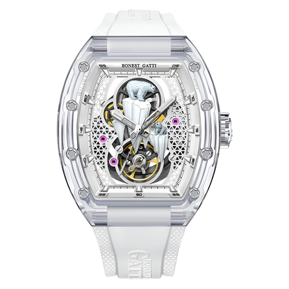 BONEST GATTI BG6002B mechanical skeleton watch sapphire crystal macro shot
