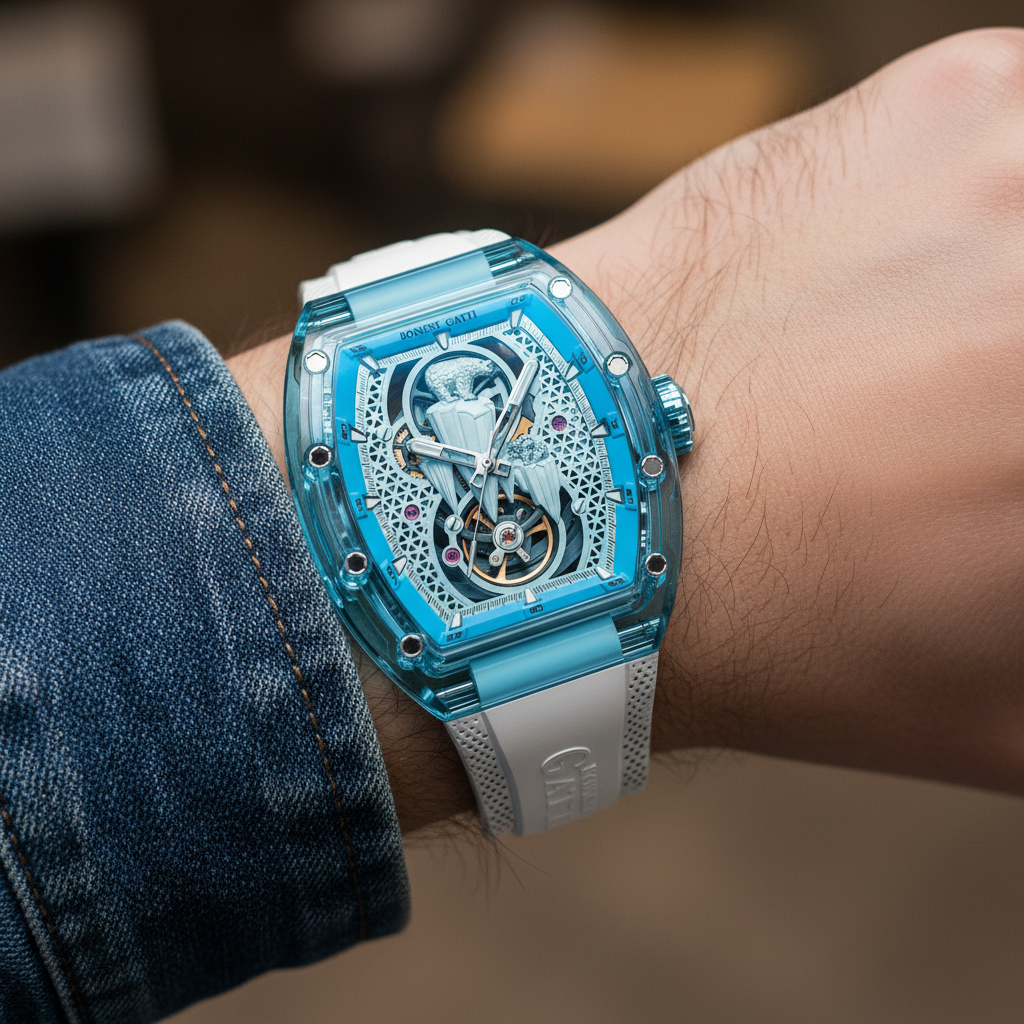 BONEST GATTI BG6002 mechanical skeleton watch worn on wrist, featuring a blue transparent case, sapphire crystal, and visible automatic movement.