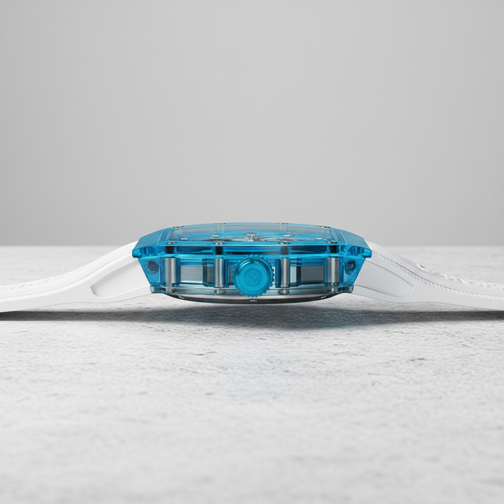 Side profile view of the BONEST GATTI BG6002 skeleton watch highlighting the transparent blue case thickness and sapphire crystal construction.