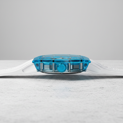 Side profile view of the BONEST GATTI BG6002 skeleton watch highlighting the transparent blue case thickness and sapphire crystal construction.