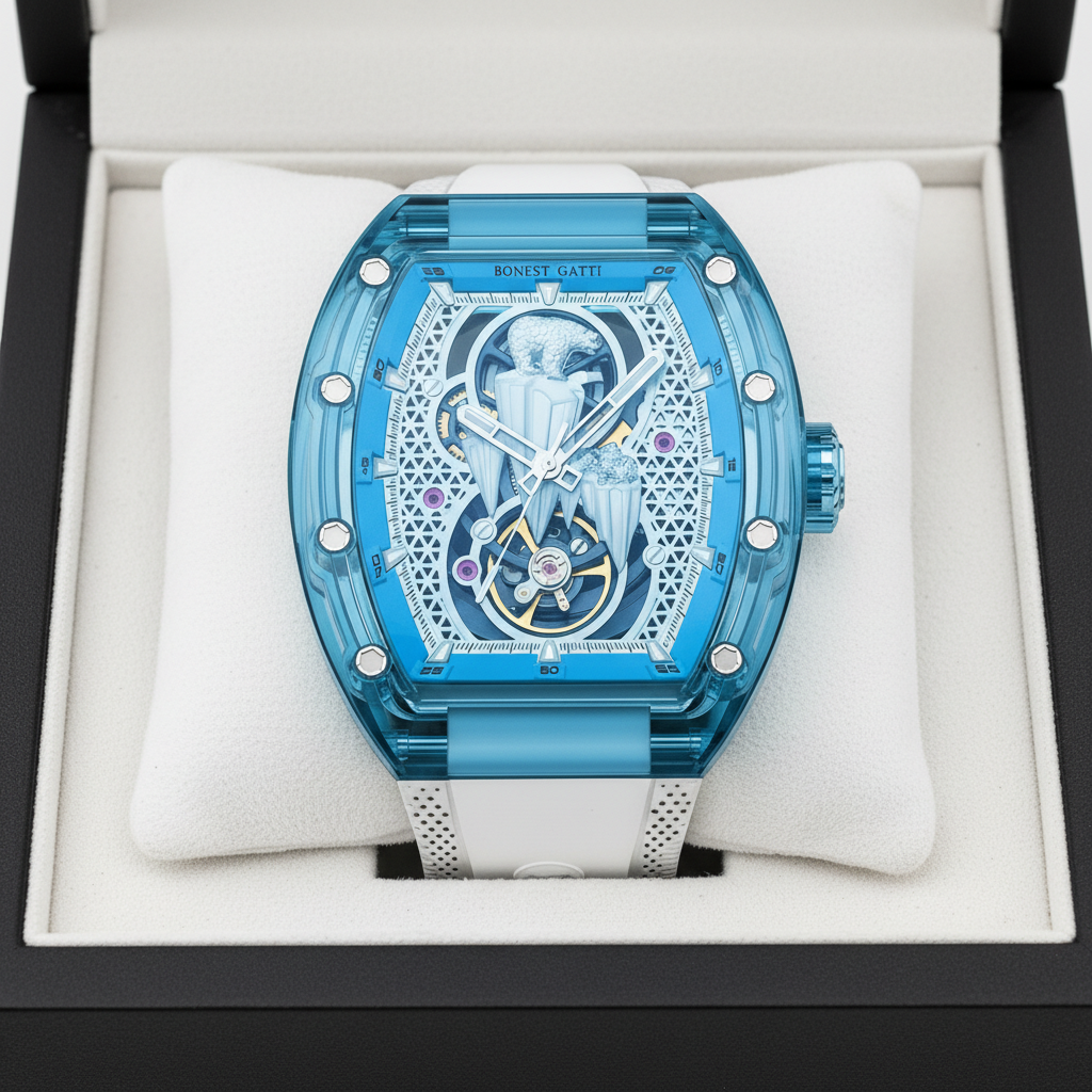 BONEST GATTI BG6002 mechanical skeleton watch displayed in its presentation box, showcasing the blue transparent case and skeleton dial under sapphire crystal.